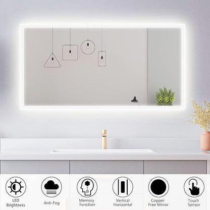 Wall-Mounted LED Square Bathroom Mirror, Makeup Mirror (40 inches x 24 inches,) 3 Color Dimming Bathroom Vanity Mirror with Lights Smart Mirror with Touch