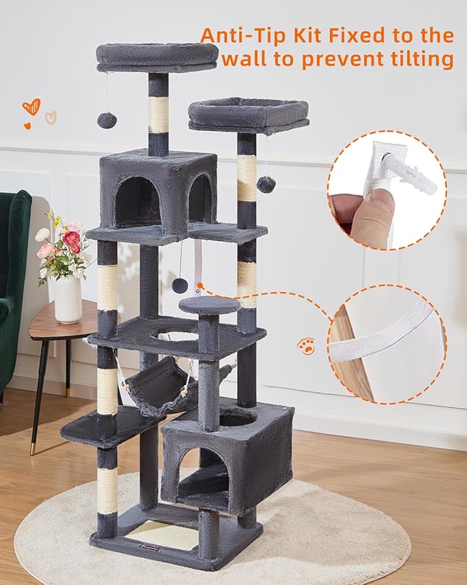 Taoqimiao Cat Tree, 68-Inch Cat Tree Cat Tower for Indoor Cats, Plush Multi-Level Cat Condo with 6 Scratching Posts, 2 Perches, 2 Caves,Hammock, 3 Pompoms,MS020SG Smoky Gray-Mewly Pet