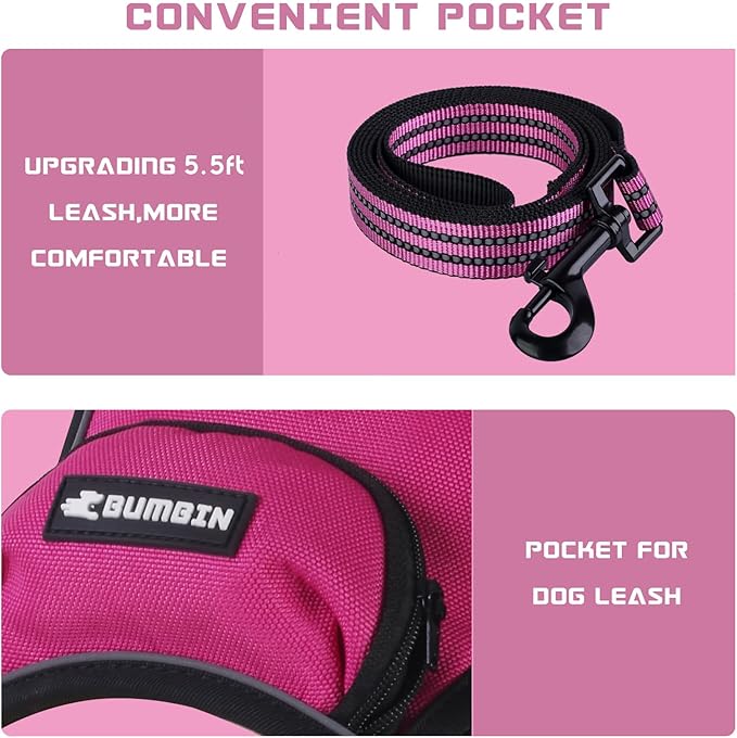 BUMBIN Dog Harness for Large Dogs, No Pull Adjustable No Choke Pet Vest with Dog Leash Fit Smart Reflective Pet Walking Harness for Training Easy Control Soft Handle Rose Red M-Mewly Pet