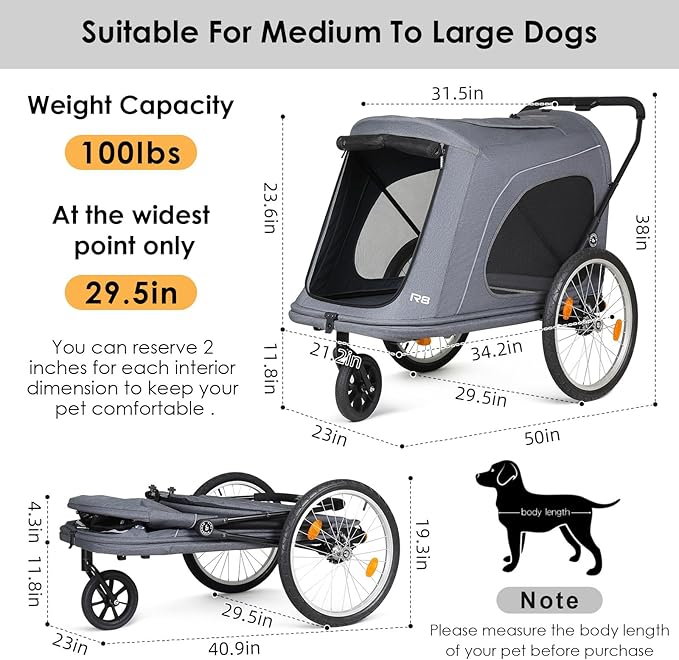 R8 Extra Large Foldable Pet Stroller, Dog Stroller & Pet Trailer for Large Dogs Under 100 lbs, Unmovable, Disabled & Pregnant Dogs - Conveniently Carriable by Bike and Car, Grey-Mewly Pet