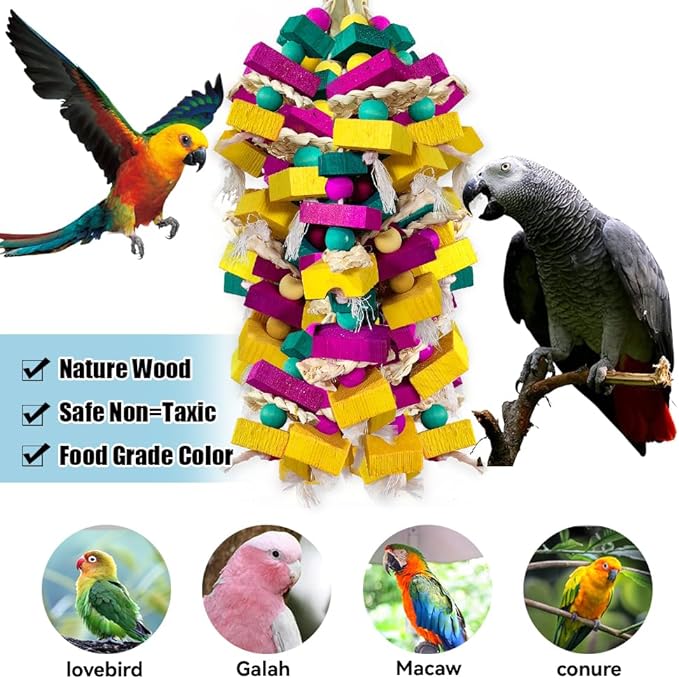 Large Bird Toys, Multi-Color Wooden Block with Bamboo Support Bird Chewing Toy Parrot Cage Bite Toy for Macaws Cokatoos African Grey and Large Medium Parrot Birds-Mewly Pet