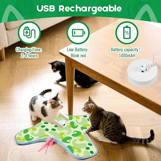 VIWIK Interactive Cat Toys for Indoor Cats, Hide and Seek Moving Feather Toy for Bored Adult Cats with Suction Cup & Cover, Automatic Kitten Wand Toy, Cat Enrichment Toys for All Breeds Green-Mewly Pet