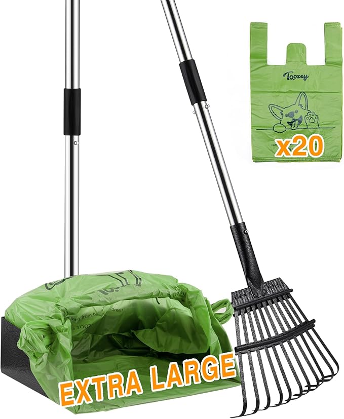 Toozey Unbreakable Dog Pooper Scooper with Extra Large Stainless Metal Poop Tray & 43.31" Long Handle Rake Scoop, Easy Waste Cleanup for Large, Medium, Small Dogs with 20 Bags-Mewly Pet