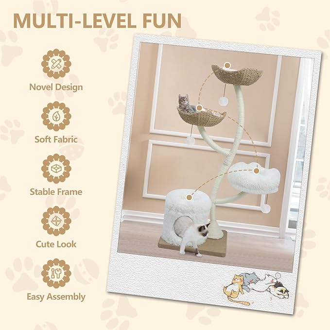 63” Tall Cat Tree Tower for Indoor Cats, Multi-Level Large Cat Climbing Furniture with Scratching Posts, Soft Perch, Cozy Cave, and Hanging Toys, Sturdy Design for Multi-Cat Households-Mewly Pet