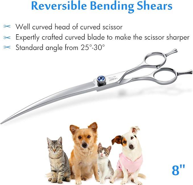 JASON 8" Curved Dog Grooming Scissors Ergonomic Pets Cats Trimming Shears with Offset Handle and a Jewelled Screw for Right Handed Groomers Long Sharp Comfortable-Mewly Pet