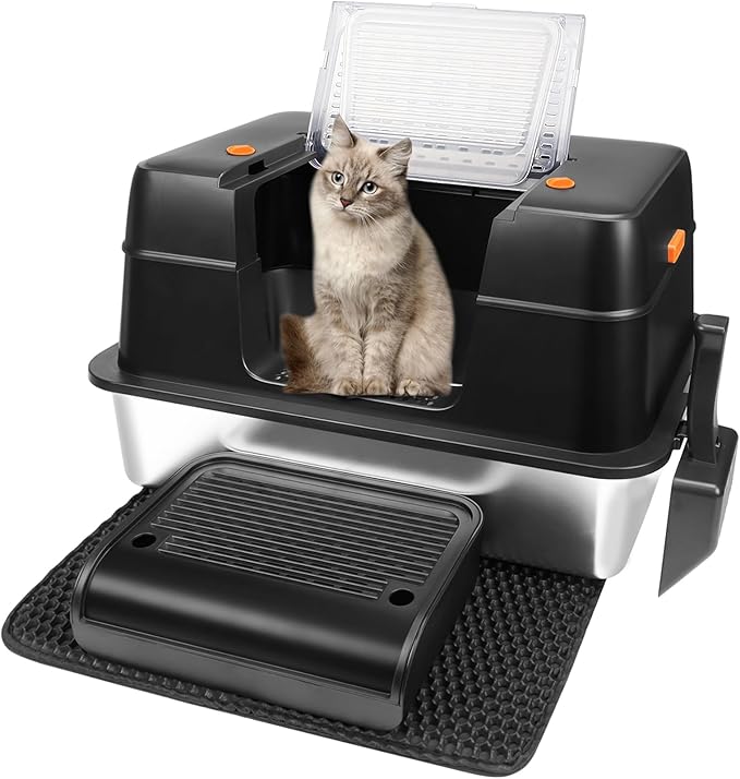Vivifying Stainless Steel Litter Box, XL Side Entry Extra Large Litter Box with Lid for Big Cats & Kitty, Removable Enclosed Metal Cat Pan with High Sided Enclosure, Scoop, Mat, Footboard (Black)-Mewly Pet