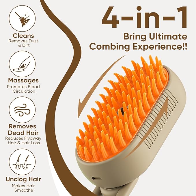 4-in-1 Cat Steam Brush for shedding–Self-Cleaning Comb for Long and Short Hair Cats and Dogs, Steam Pet Brush for Hair Removal, Vibrating Message, Grooming & Relaxation (Khaki)-Mewly Pet