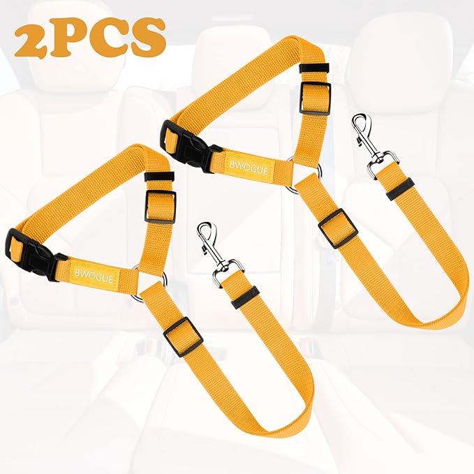 BWOGUE 2 Packs Dog Cat Safety Seat Belt Strap Car Headrest Restraint Adjustable Nylon Fabric Dog Restraints Vehicle Seatbelts Harness Yellow-Mewly Pet