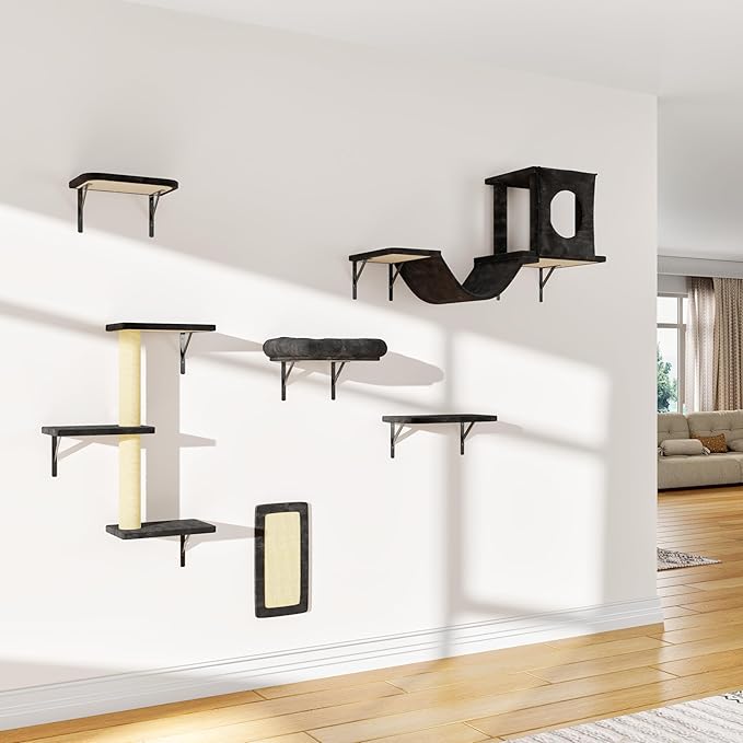 NUNU LAB Wall Mounted Cat Furniture, 6 Pcs Cat Wall Shelves with Condo House, Bridge, Steps, Scratcher, Hammock, Indoor Safe & Stable Furniture for Kittens Play, Black-Mewly Pet
