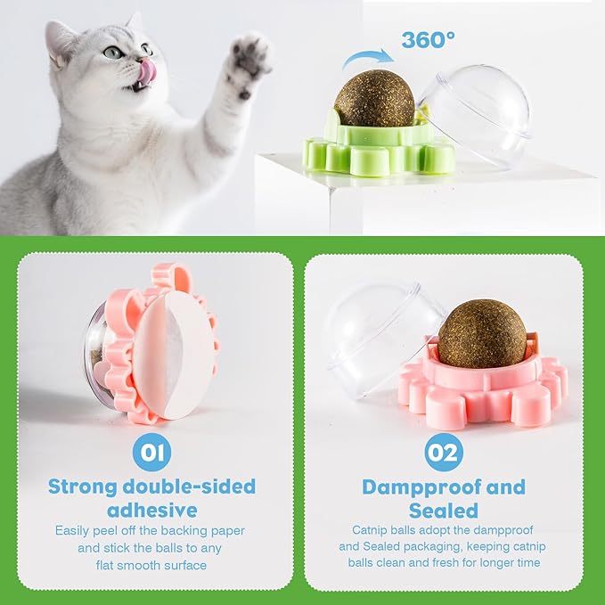 4 Pack Catnip Balls Roller Wall Ball for Cats Spinning Catnip Station Licking Balls Organic Cat nip Chew Ball for Teeth Cleaning & Play-Mewly Pet