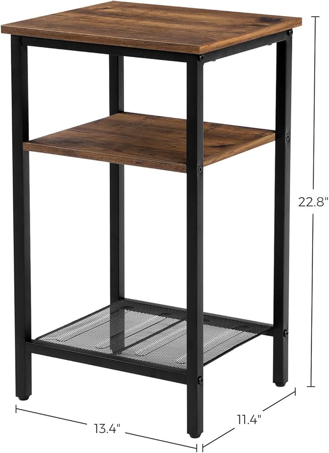 VASAGLE End Table Set of 2, 3-Tier Nightstands, Side Table for Small Space in Living Room, Bedroom, Steel Frame, Easy Assembly, 2-Pack, Chestnut Brown