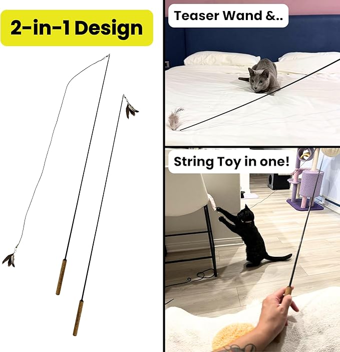 Forever Stick - The Unbreakable Cat Toy Wand, Extra Long Durable Interactive Cat Toy for Indoor Cats, Feather Kitten Toys for Bored Indoor Adult Cats, Bird Teaser Cat Accessories Enrichment-Mewly Pet