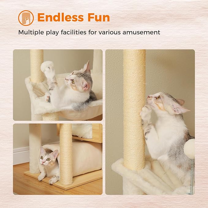 PEQULTI Floor to Ceiling Cat Tree 93.3’’-100.8’’ Height Adjustable Wooden Cat Tower Tall Climbing Play House with Scratching Posts, Cozy Condo, Perches and Large Hammock for Indoor Cats Beige-Mewly Pet