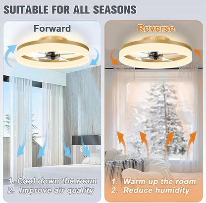 VOLISUN Low Profile Ceiling Fans with Lights and Remote, 19.7in Fandelier Ceiling Fan Flush Mount, 3000K-6500K Smart Bladeless LED Fan Light, Gold Modern Ceiling Fans with Lights for Bedroom