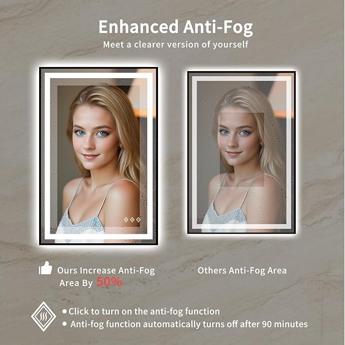 LED Mirror for Bathroom, 24x36 Inch Black Framed Gradient Front and Backlit LED Bathroom Mirror, 3 Colors Dimmable CRI>90, IP54 Enhanced Anti-Fog Bathroom Mirror with Lights