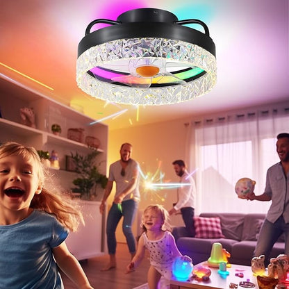Flush Mount Ceiling Fan with Light - Small Low Profile Ceiling Fan,13" RGB Dimmable LED Bladeless Ceiling Fans, Modern Enclosed LED-RGB Ambient Light for Bedroom, Kids Room, Party