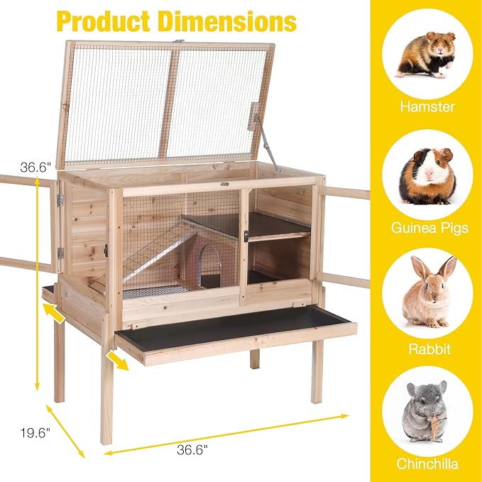 AIVITUVIN Wooden Guinea Pig Cage Indoor with Cooling Plate and Anti-Chewing Edges Two-Story Rabbit Hutch Pull Out Tray Outdoor Rabbit Cage with Raised Stand and Wire Mesh Small Animals Cage (Nature-Mewly Pet