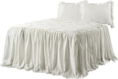 Lush Decor Ravello Pintuck Ruffle Skirt Bedspread Set - Luxe 3 Piece Ruffled Bedding Set - Traditional Glam & Farmhouse Inspired Bedroom Decor - King, White