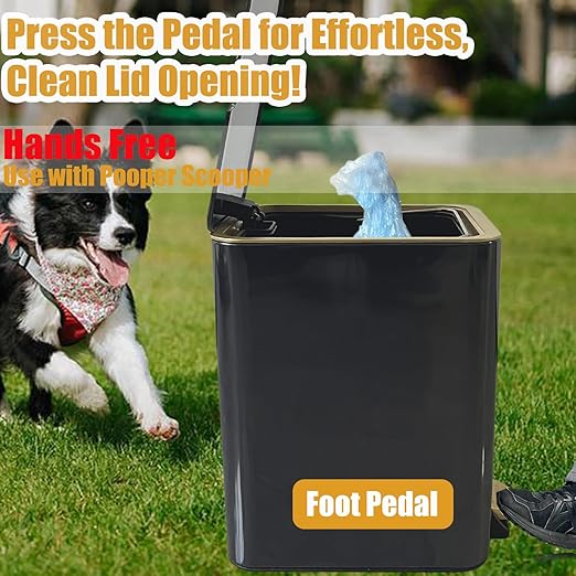 Metal Dog Pooper Scooper for Yard - 3.2Gal Dog Poop Trash Can Outside with Pedal - Pet Waste Container Outdoor - Stainless Steel Garbage Bucket with Lid - Black Trash Bin, Long Handle Tray and Rake-Mewly Pet