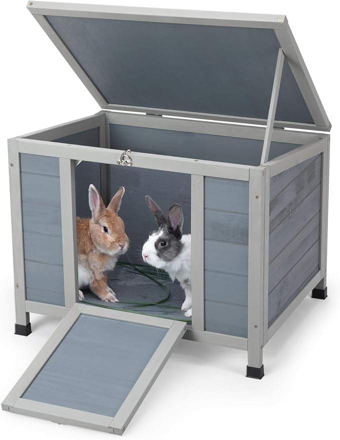 COZIWOW 24inches Wooden Catio Outdoor Cat House Small Animal House，Rabbit Hutch Indoor，Stable Weatherproof Bunny Cage Pet Shelter for Small Cat Dog Rabbit Guinea Pig (Grey)-Mewly Pet