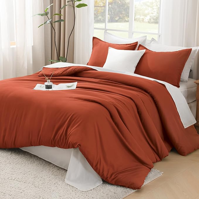 Litanika Boho Comforter Full Size Set Burnt Orange, 3 Pieces Fall Solid Terracotta Lightweight Bedding Comforter Set, Rust Fluffy Winter Quilted Blanket Set (79x90In Comforter & 2 Pillowcases)