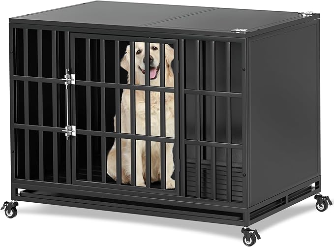 42 inch Heavy Duty Dog Crate with Self-Locking Latch, Indestructible Steel Large Kennel with Enclosed Design, Chew-Proof and Escape-Proof Pet Cage for High Anxiety Dogs-Mewly Pet