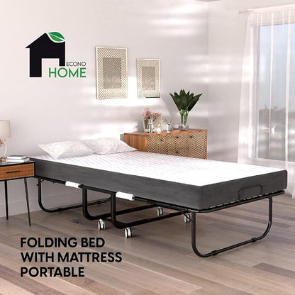 EconoHome Folding Bed with Mattress - 75x31 Cot Size Frame - Portable Rollaway Guest Bed with 5-inch Memory Foam Mattress - Space-Saving Foldable Design for Easy Storage (31 Inch)