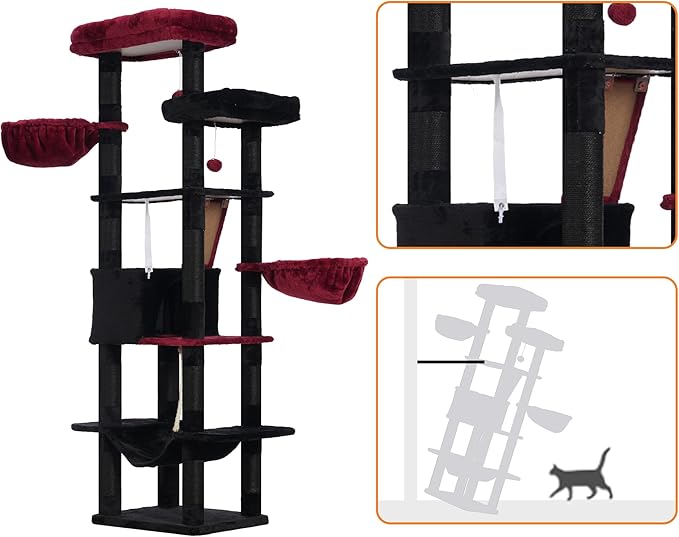 Heybly Cat Tree, 68 inch Multi-Level Cat Tower for Indoor Cats, 2 Widened Plush Perches Cat Condo with Scratching Board and Big Caves, Black and Red HCT025BR-Mewly Pet