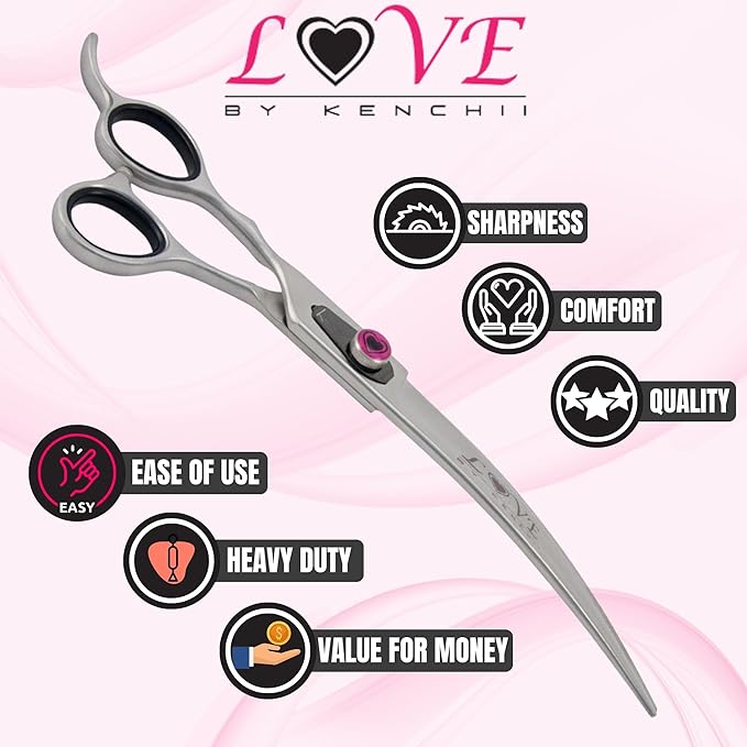 Kenchii Love Dog Grooming Scissors, 8 Inch Curved Shears, Dog Scissors for Grooming, Professional Pet Grooming Scissors-Mewly Pet