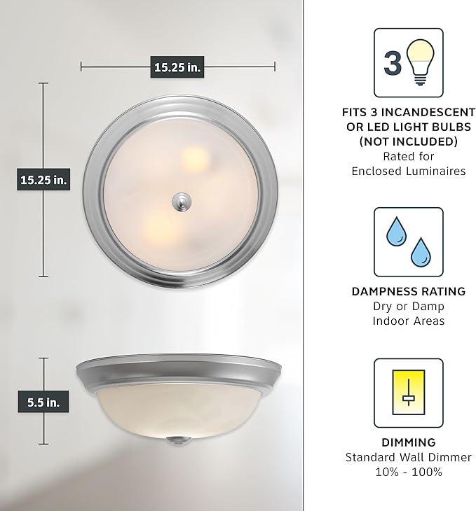 Designers Fountain 15 in 3-Light Flush Mount Ceiling Light, Pewter with Alabaster Glass Shade, 1257L-PW-AL