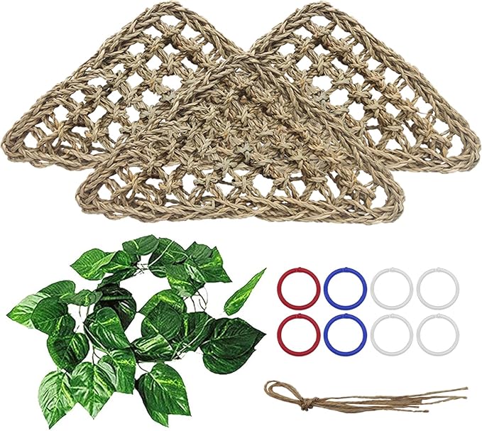 BNOSDM Bird Seagrass Mat, 3 PCS 7.1 x 7.1 Inches Parrot Natural Seagrass Woven Bird Net Hammock Mats Chew Toys Bird Hideout Cage Accessories for Lovebird Cockatiel Conure Budgie Hamster Rats-Mewly Pet