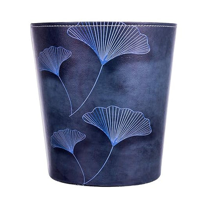 10L/2.64 Gallon Trash Can, Decorative Waste Basket, PU Leather Waste Paper Basket, Waterproof Garbage Can for Bathroom, Bedroom, Office, Kitchen and Living Room - Blue Lines Leaves