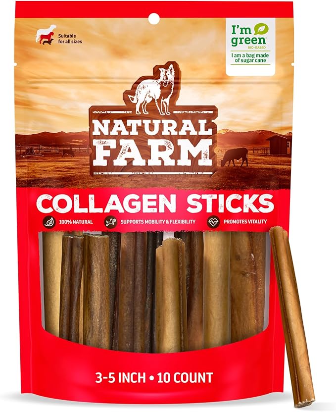 Natural Farm Collagen Dog Chews (3-5”, 10 Units), Odor-Free Long Lasting Bully Sticks & Rawhide Alternative Dog Treats, 95% Collagen Low Fat, High Protein – Small & Medium Dogs-Mewly Pet