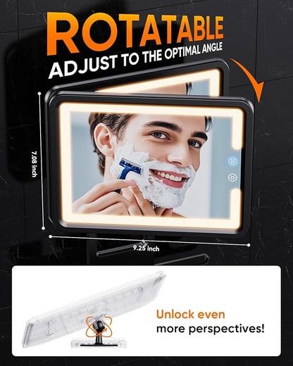 Heated Shower Mirror Fogless for Shaving 2025 New, 3 Colors Stepless Dimmable Lights Anti Fog Shower Mirror, Fog Free Mirror for Shaving with Razor Holder for Men, NO-Drilling, Removable - Black