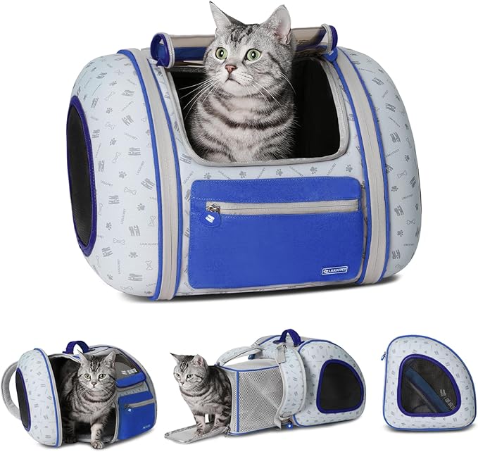 Cat and Dog Backpack Carrier, Foldable Breathable Pet Carrier Backpack with Mesh Ventilation, Large Portable Outing Traveling Pet Bag for Small, Medium Cats, Small Dogs, Blue-Mewly Pet