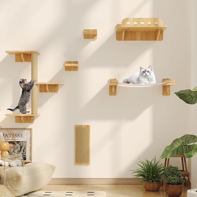 Cat Wall Shelves, Set of 6 Wooden Cat Wall Furniture Includes Scratching Post with 3 Steps, Jumping Platform, Hammock and Scratcher Board for Kittens-Mewly Pet