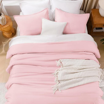 Litanika Comforters Pink Oversized Queen Size, 3 Pieces Lightweight Solid Bedding Set & Collections, All Season Fluffy Bed Set (98x98In Comforter & 2 Pillowcases)
