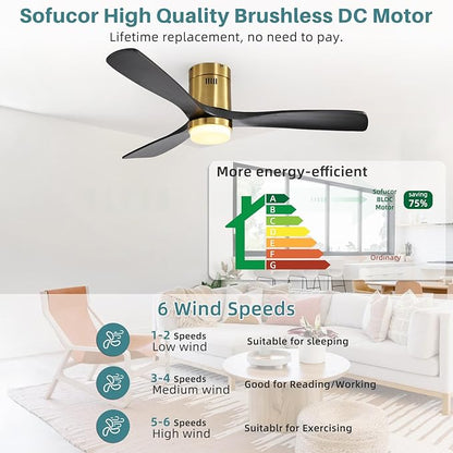 Sofucor Ceiling Fan with Lights-52 Inch Flush Mount Ceiling Fan with Light and Remote Control, Low Profile Wood Blades Modern Outdoor Ceiling Fans for Bedroom/Farmhouse/Patio/Indoor, Quiet DC Motor