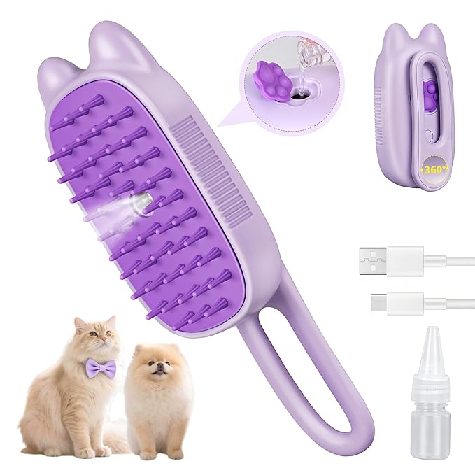 Rechargeable Cat Steam Brush with Mist Spray, 3-in-1 Pet Steam Brush for Long and Short Haired Cats and Small Dogs, Anti-Static, De-Shedding, Detangling, Massage, Purple Cat Design-Mewly Pet