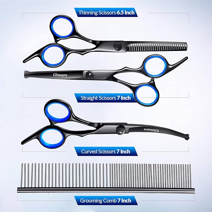 Gimars Dog Grooming Scissors Kit Professional 4CR with Safety Round Tip, 5 in 1 Heavy Duty Titanium Coated Thinning & Curved & Straight Shears-Mewly Pet