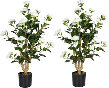 Artificial Camellia Tree 2 Pack, 38’’ Faux Camellia Plant in Pot with White Flowers, Greenery Potted Plant for Indoor Outdoor Office Home Porch Decor, White
