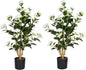 Artificial Camellia Tree 2 Pack, 38’’ Faux Camellia Plant in Pot with White Flowers, Greenery Potted Plant for Indoor Outdoor Office Home Porch Decor, White