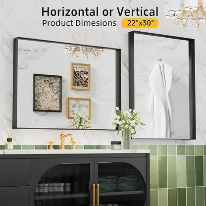Black Vanity Wall Mirror, 22x 30 Inch Rectangular Bathroom Mirrors for Over Sink, Aluminum Metal Framed Mirror, Tempered Glass, Anti-Rust, (Horizontal/Vertical) 2Pack