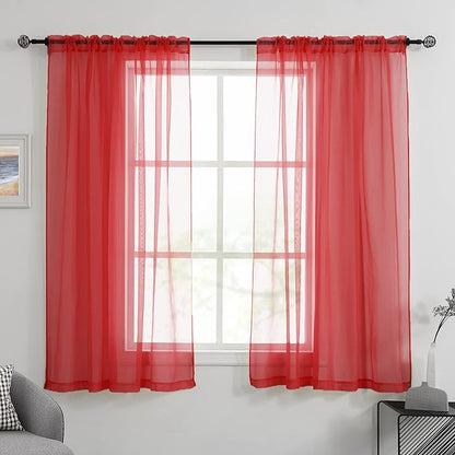 HUTO Christmas Red Sheer Curtains 54 inches Long for Bedroom Top Rod Pocket Sheer Window Panels Curtains for Nursery Living Room 52 by 54 Inch Length Set of 2