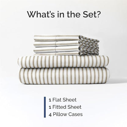 Full 6 Piece Sheet Set - Comfy Breathable & Cooling - Soft Hotel Luxury Bedding Set with 8-16 Inch Deep Pockets - 1 Flat & 1 Fitted Sheet & 4 Pillowcases - Wrinkle Free & Easy Care - Beige Stripes 2