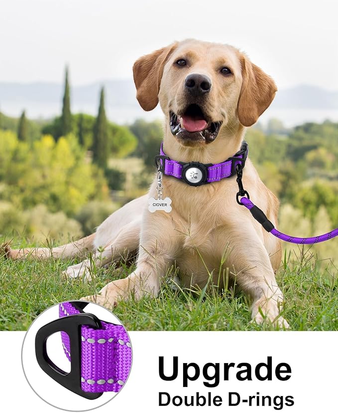TagME Airtag Dog Collar,Waterproof Reflective Pet Collar with Airtag Holder,Soft Padded and Double D-Rings for Extra Large Dogs,Purple-Mewly Pet