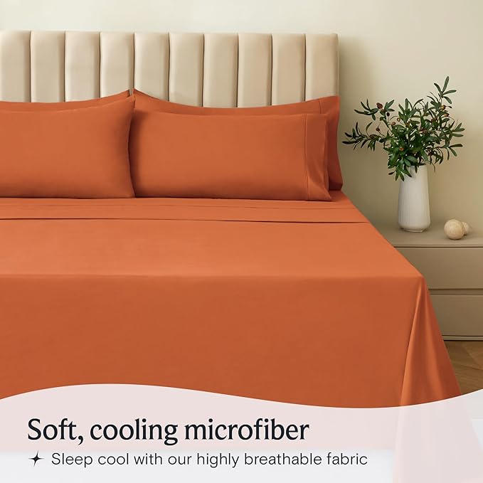 LuxClub 4 PC California King Size Sheet Set Deep Pockets Wrinkle Free Cooling Sheets Machine Washable Hotel Bedding Silky Soft - Autumn Orange California King