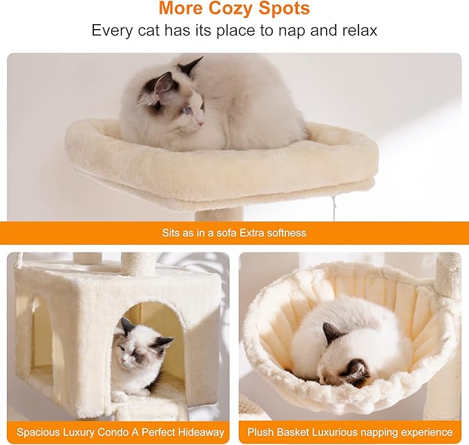 Heybly Cat Tree, Cat Tower for Indoor Cats with Scratching Board, Multi-Level Cat Furniture Condo with Feeding Bowl, Beige HCT010MM-Mewly Pet