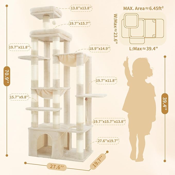 Heybly Heavy Duty Cat Tree, 71-Inch Tall Tower for Large Maine Coon with Extra-Large Baseboard, Cat Condo Furniture with Multi-Level Platforms, 2 Hammocks and 12 Scratching Posts, Beige HCT037M-Mewly Pet