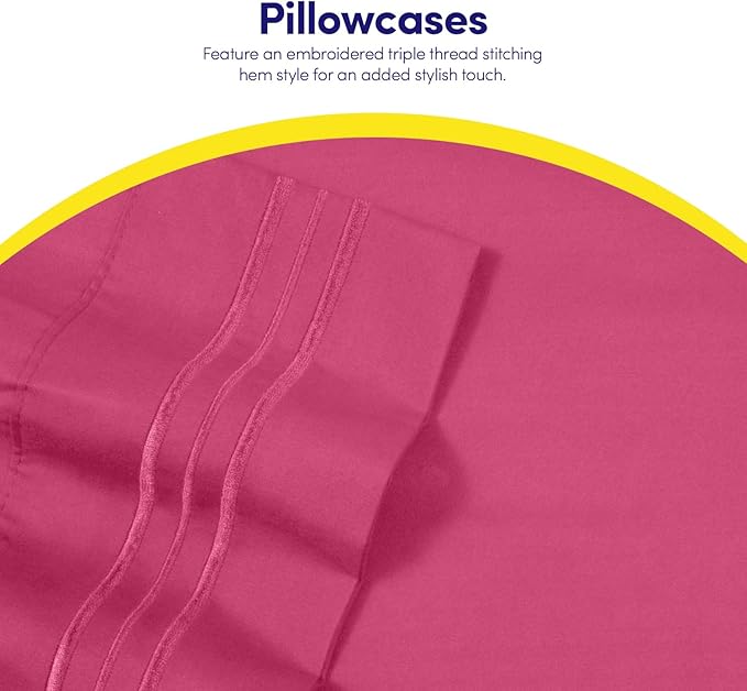 Sweet Home Collection Full Size Sheet Set with Built-in Sheet Straps - Deep Pocket Fitted Sheet, Flat Sheet & Pillowcases - Soft, Wrinkle-Free, Secure Fit - Fuschia